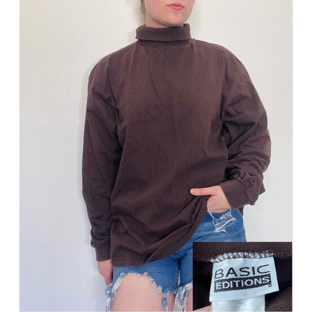 ♦️5/$15♦️Basic Editions | Vintage 90s Brown Turtleneck Long Sleeve Shirt